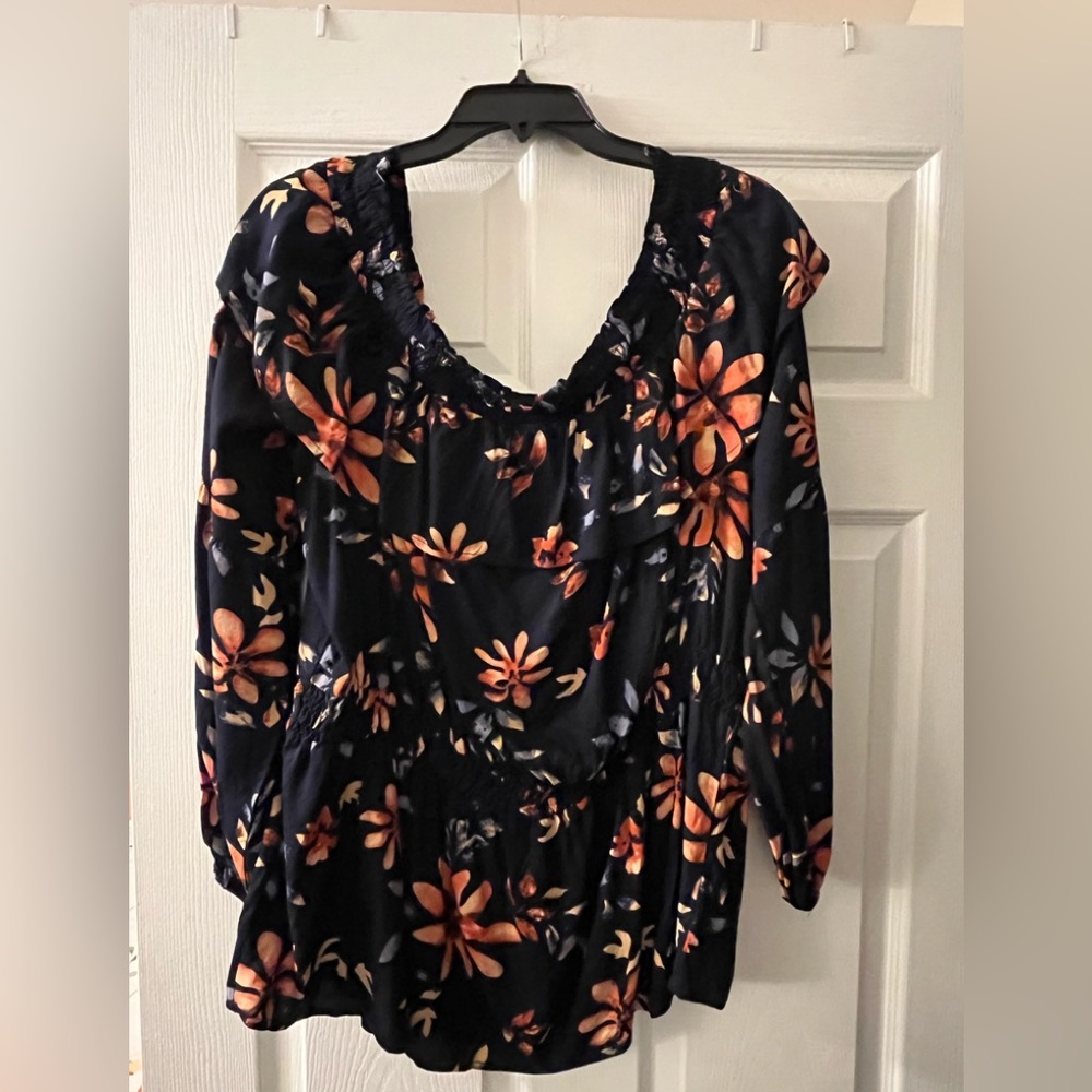 Misses navy with floral print blouse